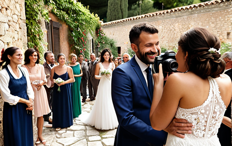**
A person happily photographing a beautiful Italian wedding in a rustic villa, showcasing photographic talent transformed into a profitable business. Focus on capturing the joy and celebration of the event, highlighting the photographer's skill and the stunning Italian setting.
**