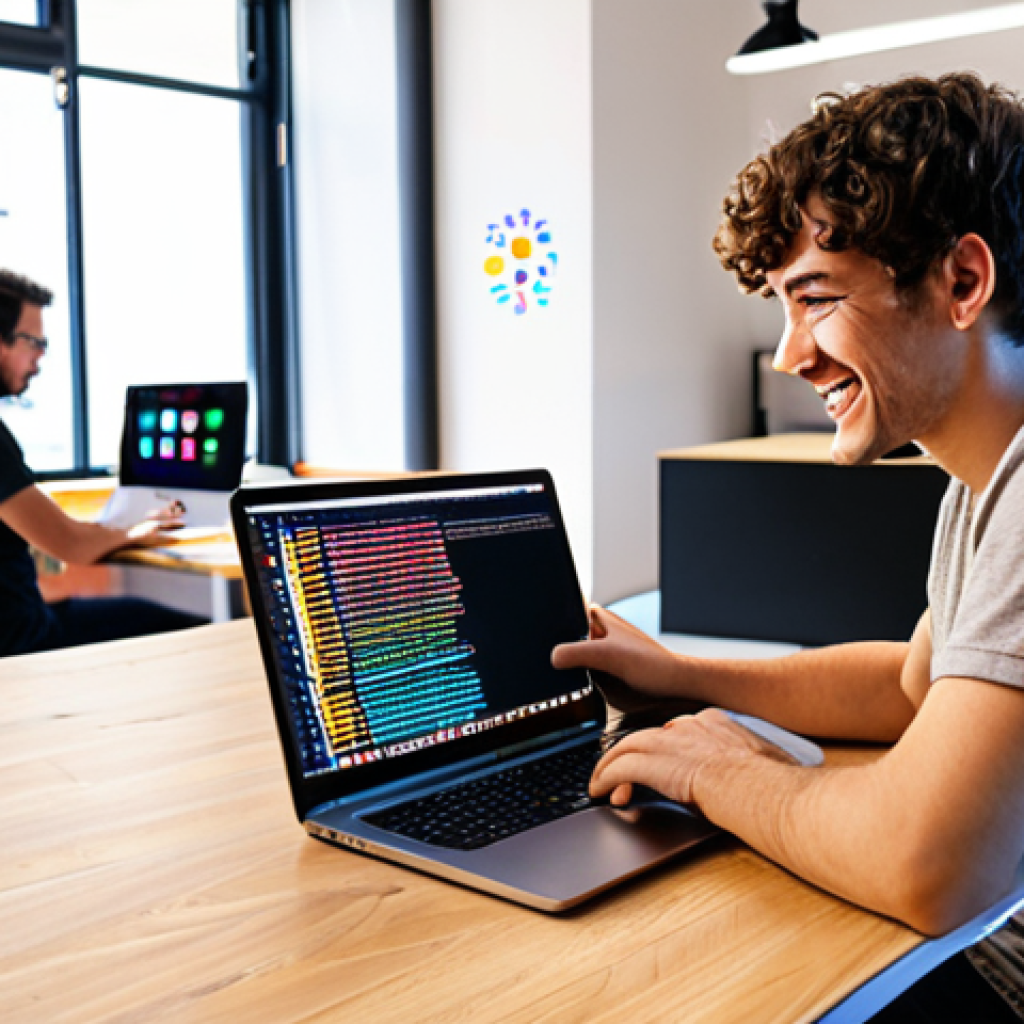 **Image:** A person happily coding at a laptop in a bright, modern co-working space. The screen displays lines of clean, colorful code. In the background, other developers are collaborating and brainstorming. The overall feeling is energetic and innovative. The laptop has stickers of various programming languages and frameworks (JavaScript, Python, React).