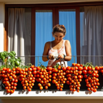 **Woman gardening on a balcony, overflowing with ripe tomatoes, sunny, vibrant colors.** (Based on the suggestion of growing tomatoes on a balcony.)