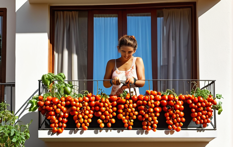 **Woman gardening on a balcony, overflowing with ripe tomatoes, sunny, vibrant colors.** (Based on the suggestion of growing tomatoes on a balcony.)