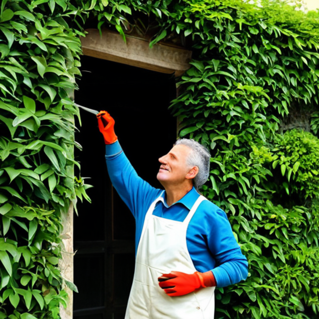 Garden Maintenance Service**

A gardener, fully clothed in professional gardening attire (khaki pants, work shirt, gloves), carefully trimming a vibrant green hedge in a well-maintained garden. Various gardening tools (shears, rake) are neatly arranged nearby. The scene is bathed in soft, natural sunlight. Background: A charming Italian villa with flower-filled balconies. safe for work, appropriate content, professional, modest, perfect anatomy, correct proportions, well-formed hands, proper finger count, natural body proportions, high quality.

**