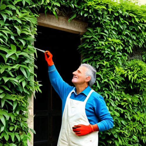 Garden Maintenance Service**

A gardener, fully clothed in professional gardening attire (khaki pants, work shirt, gloves), carefully trimming a vibrant green hedge in a well-maintained garden. Various gardening tools (shears, rake) are neatly arranged nearby. The scene is bathed in soft, natural sunlight. Background: A charming Italian villa with flower-filled balconies. safe for work, appropriate content, professional, modest, perfect anatomy, correct proportions, well-formed hands, proper finger count, natural body proportions, high quality.

**
