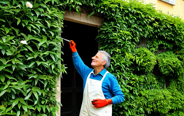 Garden Maintenance Service**

A gardener, fully clothed in professional gardening attire (khaki pants, work shirt, gloves), carefully trimming a vibrant green hedge in a well-maintained garden. Various gardening tools (shears, rake) are neatly arranged nearby. The scene is bathed in soft, natural sunlight. Background: A charming Italian villa with flower-filled balconies. safe for work, appropriate content, professional, modest, perfect anatomy, correct proportions, well-formed hands, proper finger count, natural body proportions, high quality.

**